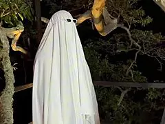 I can't believe Karen Sleent is getting ghost fucked by big cock outdoors with cum in mouth