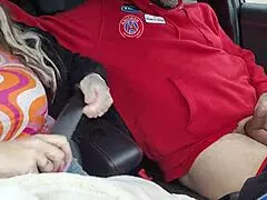 Dirty husband gets blowjob in car, sucking outdoor