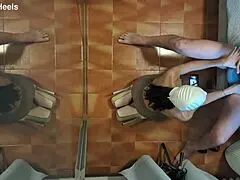 Milf in pantyhose hints at blowjob on knees.