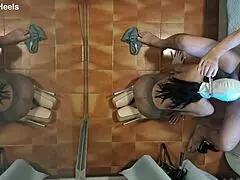 Milf in pantyhose hints at blowjob on knees.