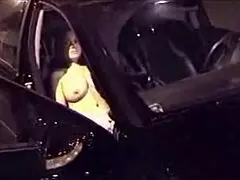 a busty milf babe decides to pleasure herself outdoors in her car, touching her big tits and pussy softly