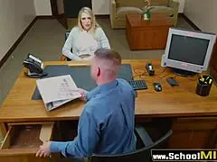 Blonde milf interacts with the perverted principal at school, but it's just a neutral chat.