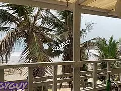 ebony housewife flashes her pussy outdoors at the beach house, bent over for doggystyle contrast