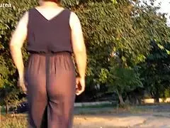 Hairy mature nude outdoors exposing pussy.