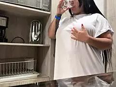 Juicy solo play in hotel kitchen featuring big natural tits and curvy brunette babe.