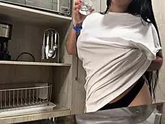 Juicy solo play in hotel kitchen featuring big natural tits and curvy brunette babe.