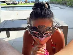 oiled up babe gives steamy blowjob by the pool in wild pov