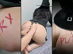 Happy HALLOWEEN celebration with latina milf in cute homemade costume