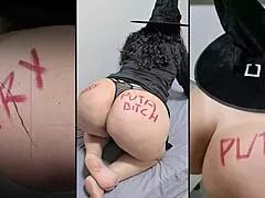 Happy HALLOWEEN celebration with latina milf in cute homemade costume