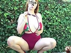 Penny Pax Teasing with Double-Head Dildo Outdoors