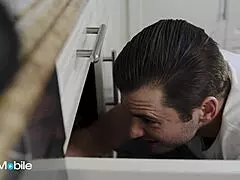 Wild milf bent over sofa spreads pussy for maintenance man's cock