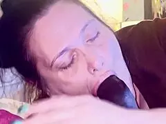 Hot thick midget sucks and slurps big black cock, gagging with cum.