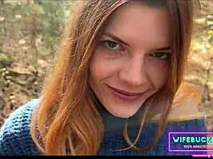 Amateur milfs by wifebucket give blowjob in forest outdoor sex