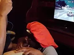 Playing nfs while she chokes on big black cock, licking balls until swallowing cum 😈