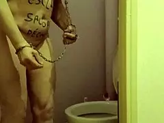 Bound slave in public self-humiliates with dirty talk 😈