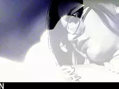 Elegant brunette milf endures intense threesome fucking in corset and glasses.