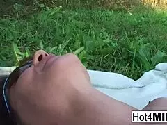 Brunette milf gets cum on her glasses in hardcore blowjob