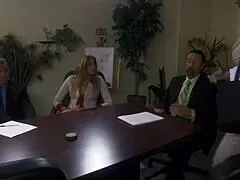 Monica Sweetheart fucks her colleague's monster cock on the board room table, deepthroat and anal fingering in doggystyle
