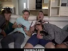 Twin stepmoms take care of their stepsons with intense sex in a group setting