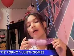 Naughty girl provokes intensely with short no-panties dress grinding ass on stick until cum bursts