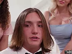 Reverse gangbang of innocent bible guy when visiting a house full of milfs with banging, milf, gangbang, group, innocent, sex.