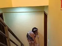 depraved maid regina noir cleans stairs in a large house while showing her tight juicy pussy