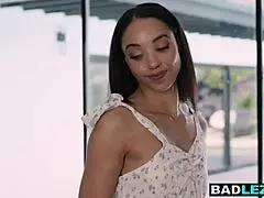 in a steamy encounter, this slender ebony realtor bends over to fuck her busty blonde lesbian milf client using a big strapon dildo on those massive tits and curvy ass