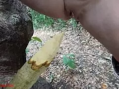 Perverted Slut Squirts Piss From Wooden Stake In Forest