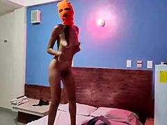 Masked brunette stepsister shakes sexy in hotel bed