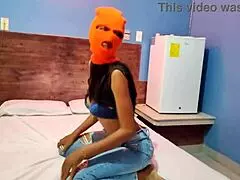 Masked brunette stepsister shakes sexy in hotel bed