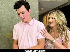 Stepmom and stepsis help stepbro with blowjobs in a group pov session