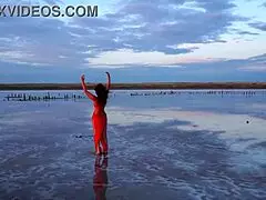 walk on red sunset of elton salt lake, tits outdoor