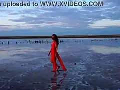 walk on red sunset of elton salt lake, tits outdoor