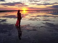 walk on red sunset of elton salt lake, tits outdoor