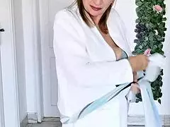 Busty granny Mariaold strips intensely in stockings, revealing pussy close-up