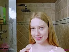 Bright-Eyed Blonde Exclaims During Her Steamy Shower!