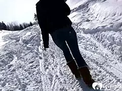 hot stepmom shows tits and pees in snow, feeling so slutty and horny outdoors