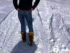 hot stepmom shows tits and pees in snow, feeling so slutty and horny outdoors