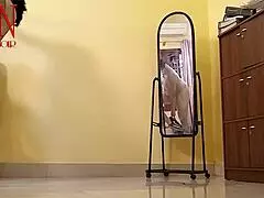 Yoga time boldly stretches tight pussy close up with wet voyeur in office