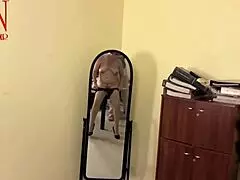 Yoga time boldly stretches tight pussy close up with wet voyeur in office