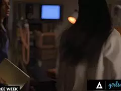 In the hospital, nurse vicki chase licks doctor sinn sage's pussy to keep a secret