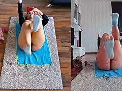 curvy woman spreads wet ass in naked dual cam workout