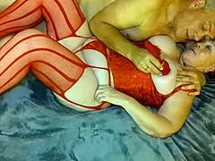 Granny carmen's lady in red fucks blacked dildo and cums