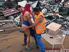 German mature redhead milf gets anal outdoor threesome with big tits.