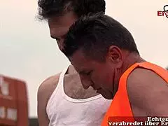 German mature redhead milf gets anal outdoor threesome with big tits.