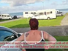 filthy kiwi mature milf squats to piss on the campground ground with campers nearby, staying submissive