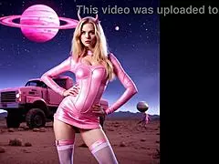 In this sci-fi parody, a milf in cosplay gives a blowjob to a teen while music plays.