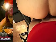 petite mature redhead cathrine sucks a big cock and gets her mouth jizzed