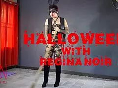 Halloween Witch in Regina Noir Style with Pumpkins and Broom Regina Noir as Velma Dinkley in Yellow Pantyhose Performing in Old House at Stairway