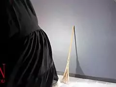 Halloween Witch in Regina Noir Style with Pumpkins and Broom Regina Noir as Velma Dinkley in Yellow Pantyhose Performing in Old House at Stairway